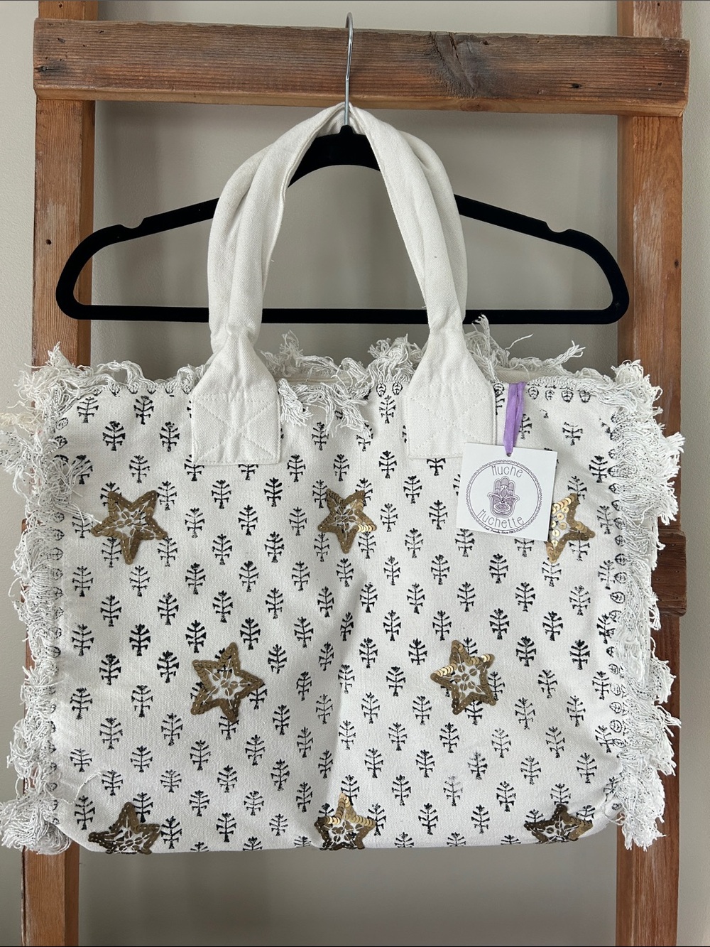 White Canvas Fringe Tote with Gold Star Accents